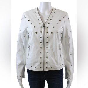 🤍 Natto Womens Leather Grommet Detail Zip Up Long Sleeve Jacket White Size M